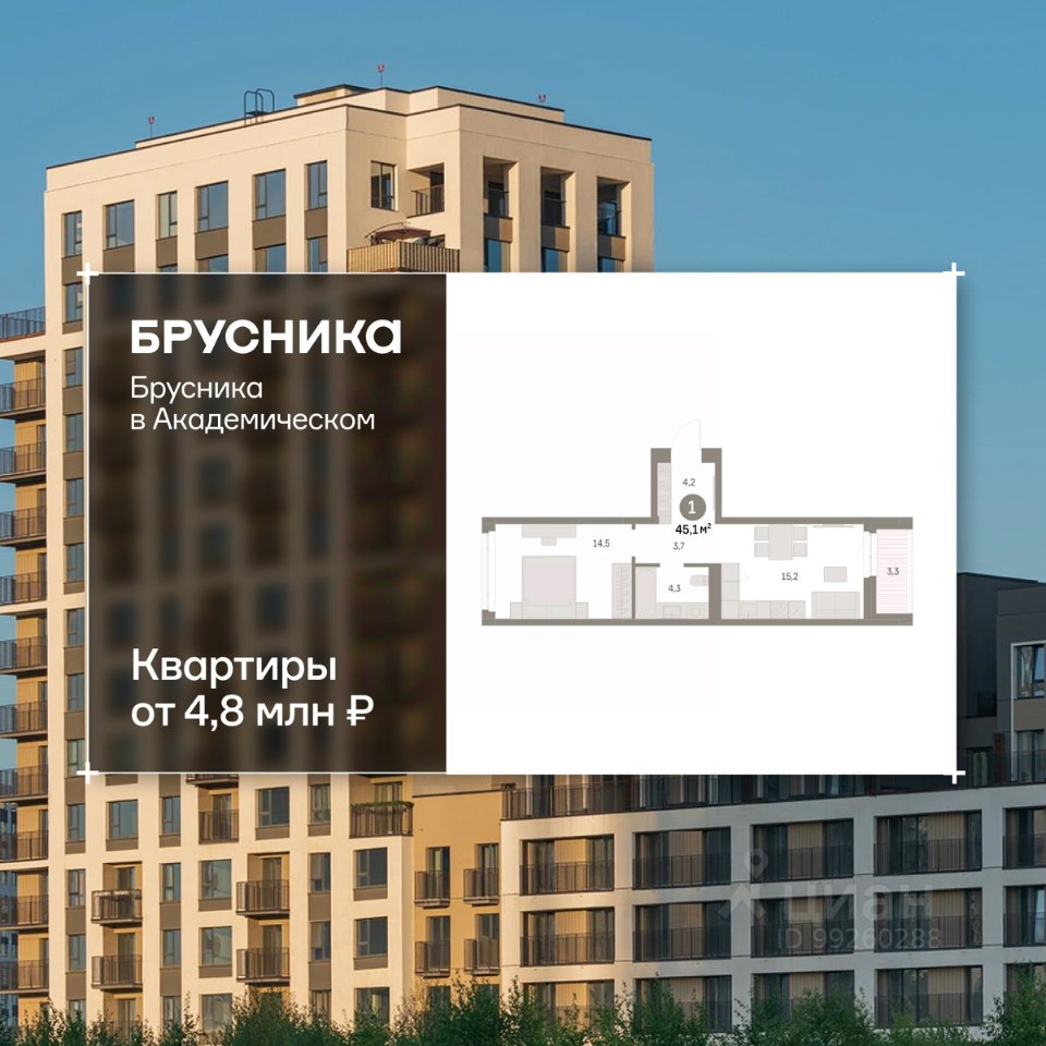 1-к кв. Свердловская область, Екатеринбург Академический мкр, 19-й кв-л, Брусника в Академическом жилой комплекс (44.93 м²)