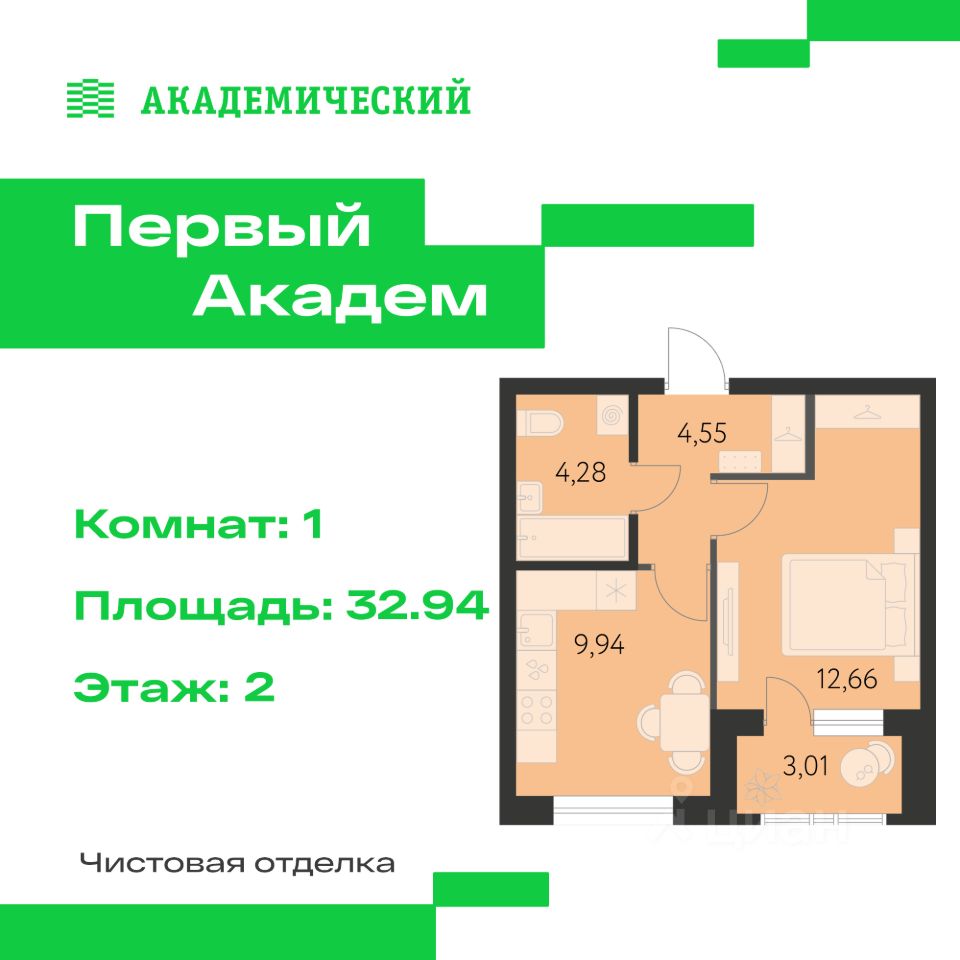 1-к кв. Свердловская область, Екатеринбург Академический мкр, 3-й кв-л,  (32.94 м²)