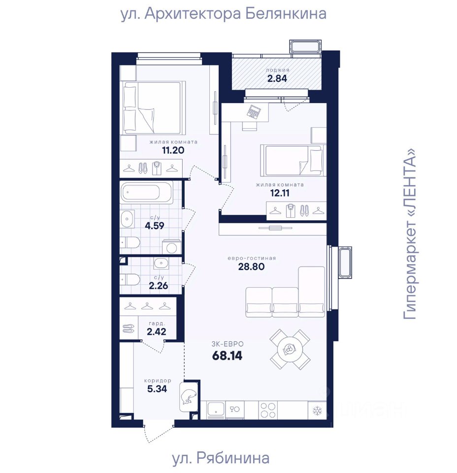 2-к кв. Свердловская область, Екатеринбург ул. Рябинина, 42 (68.14 м²)