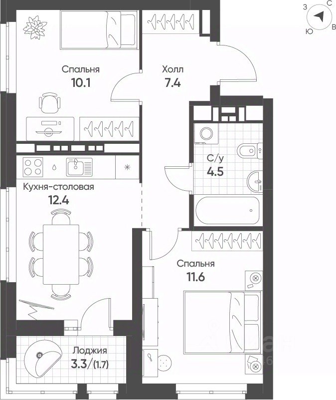 2-к кв. Свердловская область, Екатеринбург Солнечный жилрайон, (47.7 м²)