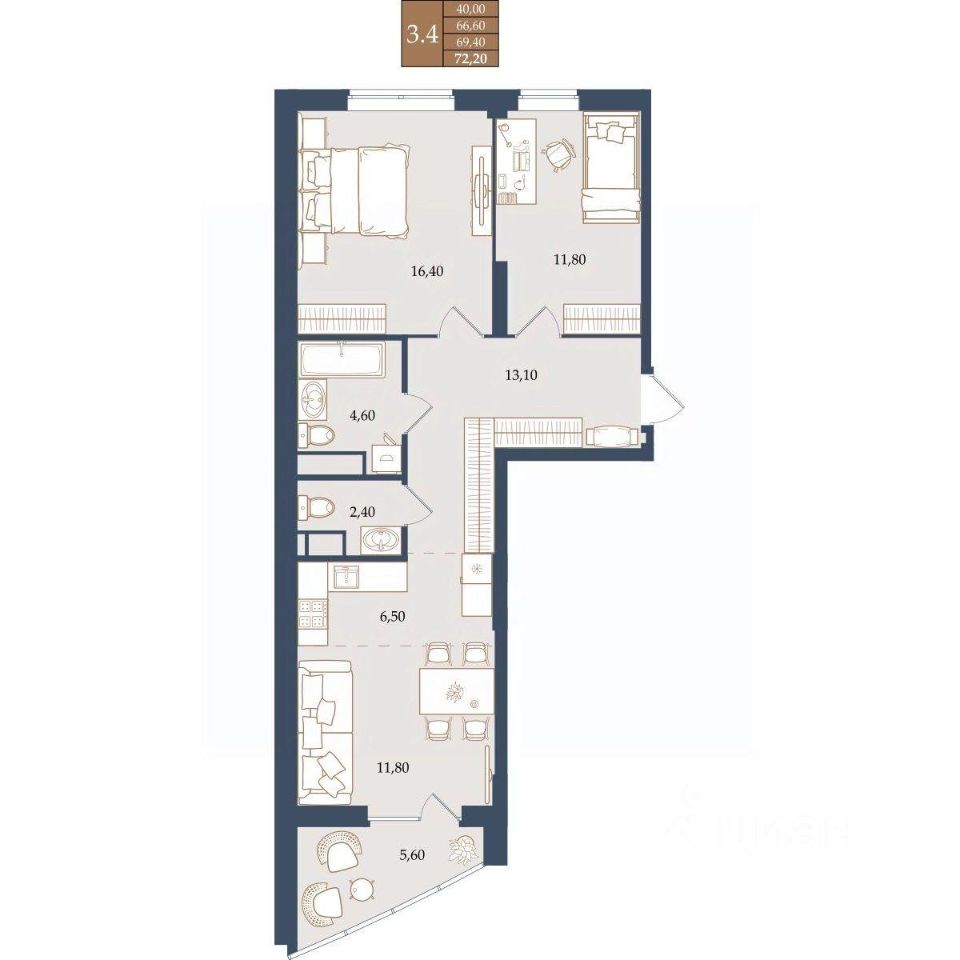 2-к кв. Свердловская область, Екатеринбург ул. Щербакова, 20 (69.4 м²)
