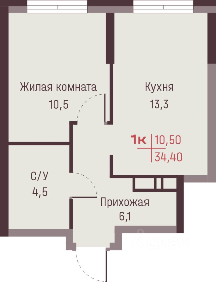 1-к кв. Свердловская область, Екатеринбург ул. Академика Ландау, 13 (34.4 м²)
