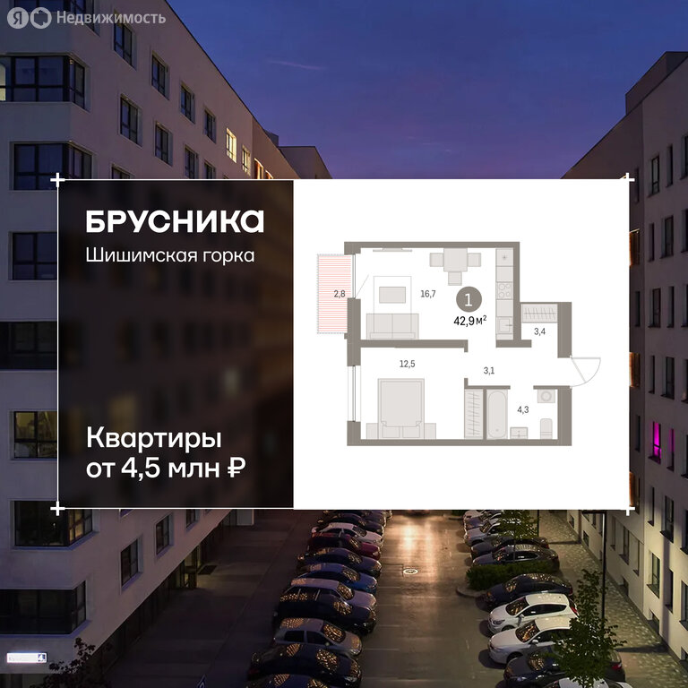 1-комнатная квартира: Екатеринбург, улица Гастелло, 18 (42.87 м²)