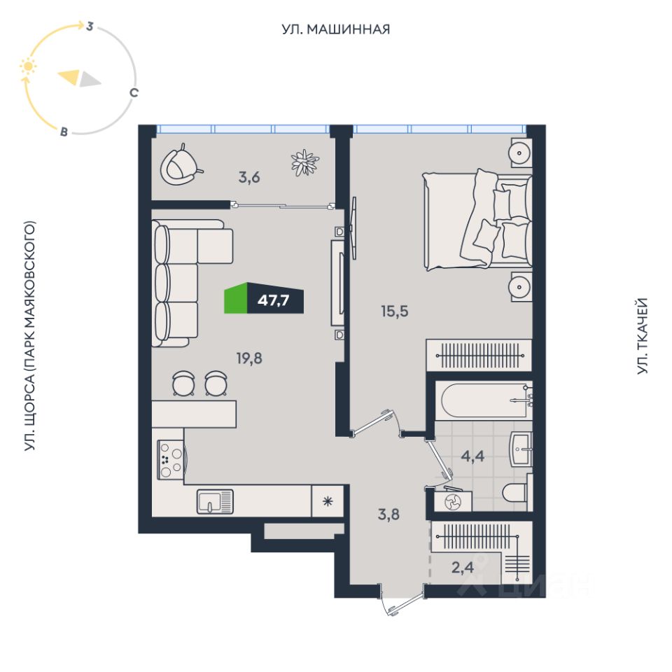2-к кв. Свердловская область, Екатеринбург ул. Машинная, 1в/2 (47.7 м²)