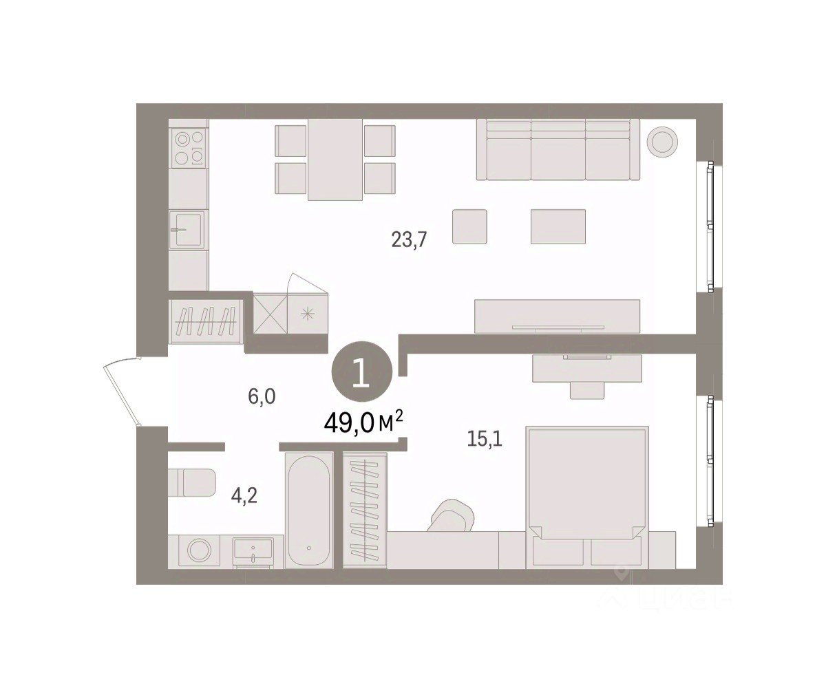 1-к кв. Свердловская область, Екатеринбург пер. Торфяной, 10 (49.0 м²)