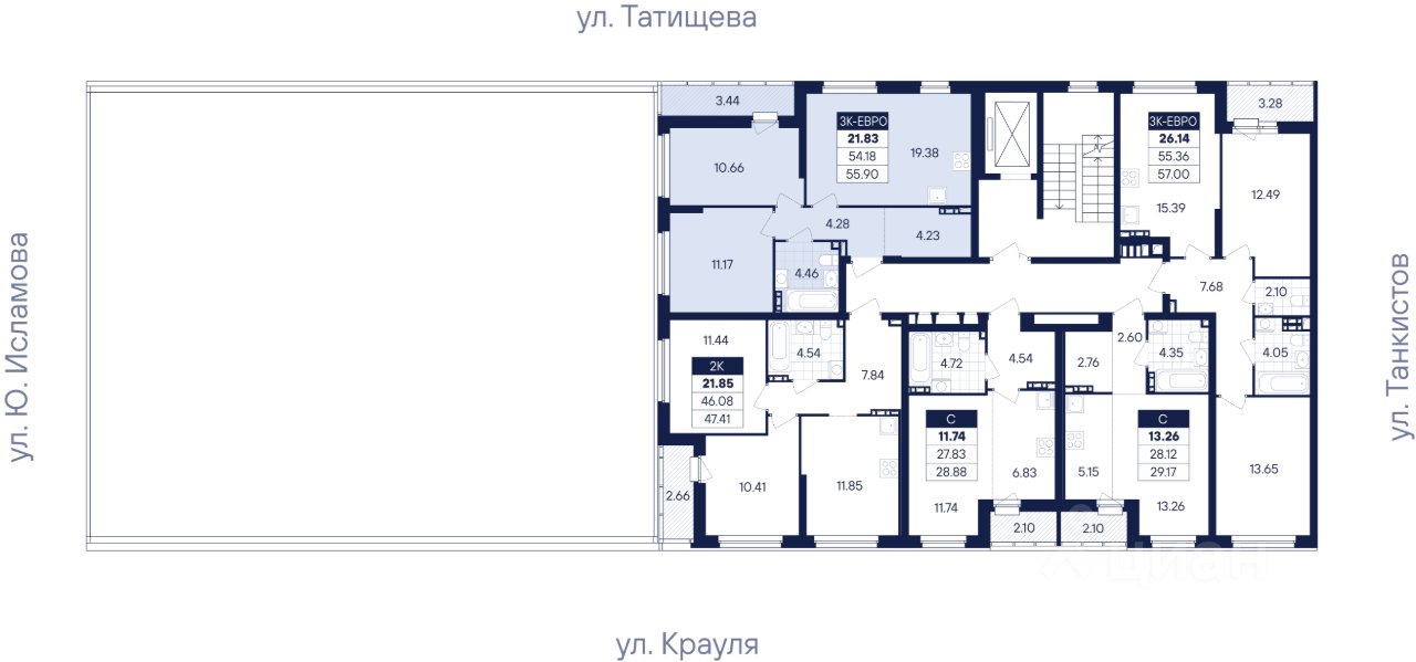 2-к кв. Свердловская область, Екатеринбург ул. Крауля, 170Б (55.9 м²)