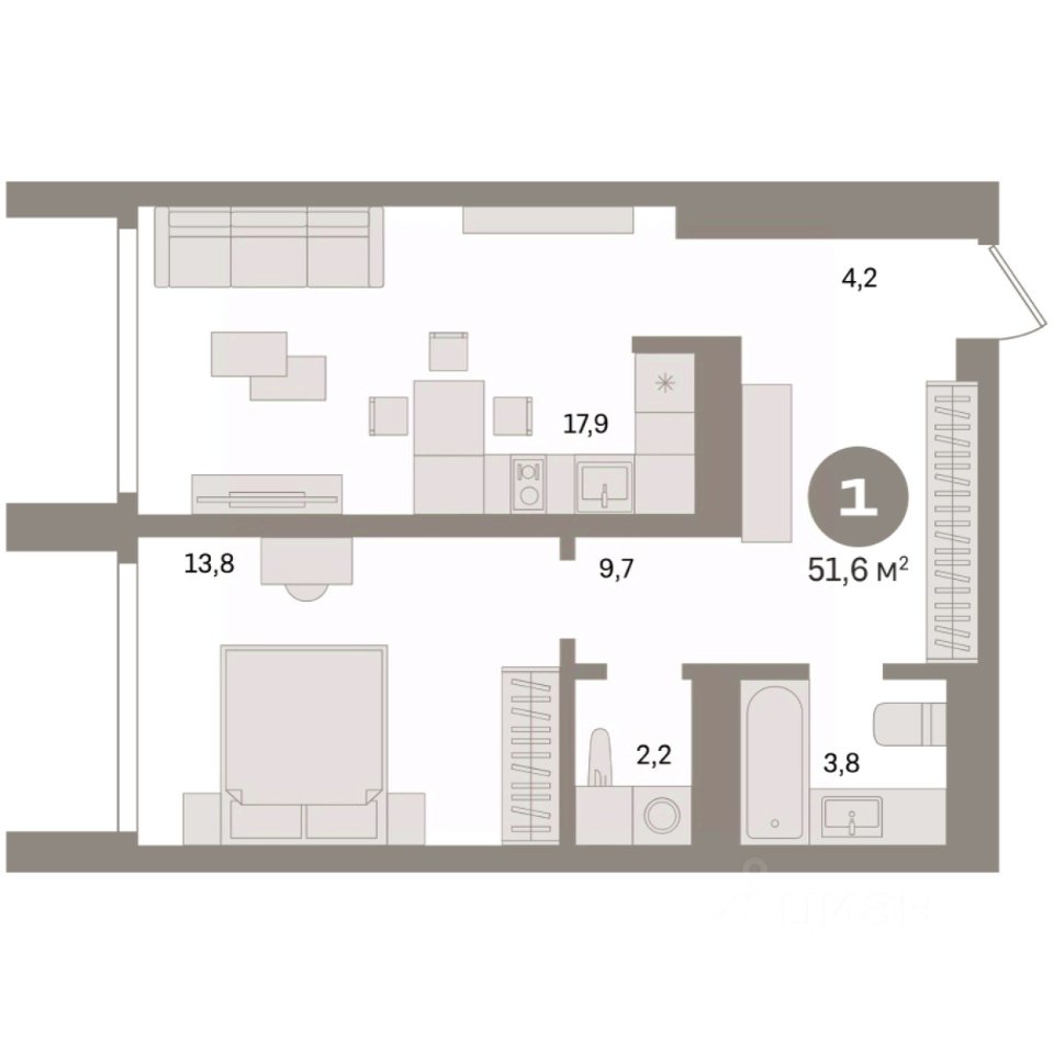 1-к кв. Свердловская область, Екатеринбург ул. Шаумяна, 20 (51.6 м²)