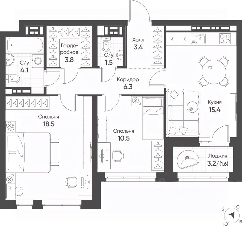 2-к кв. Свердловская область, Екатеринбург Солнечный жилрайон, (64.8 м²)