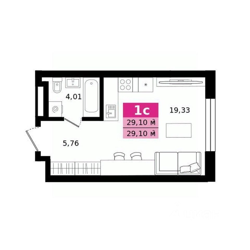 Студия Свердловская область, Екатеринбург ул. Монтерская (29.1 м²)