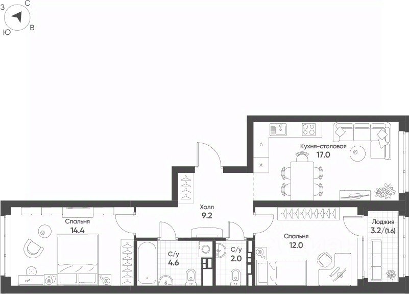2-к кв. Свердловская область, Екатеринбург Солнечный жилрайон,  (60.8 м²)