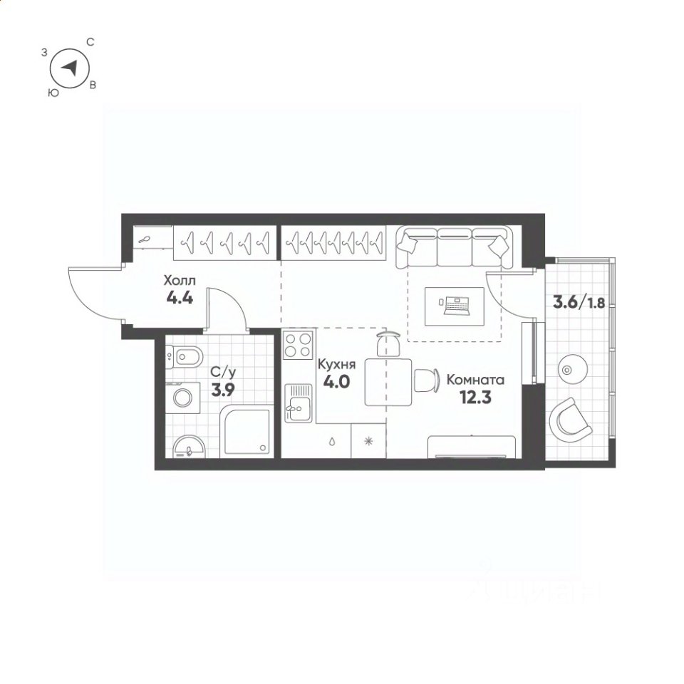 Студия Свердловская область, Екатеринбург Солнечный жилрайон,  (26.4 м²)
