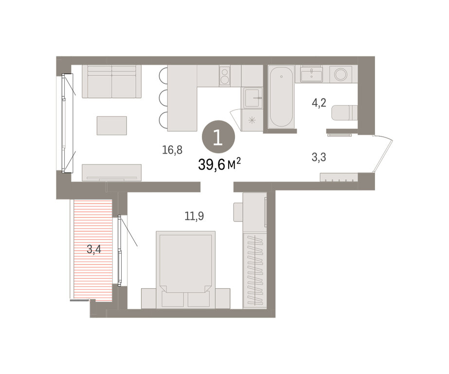 1-комнатная квартира: Екатеринбург, Торфяной переулок, 10 (39.6 м²)