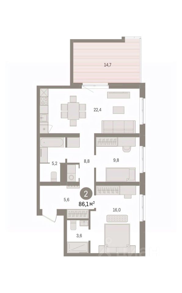 2-к кв. Свердловская область, Екатеринбург пер. Торфяной, 10 (86.1 м²)