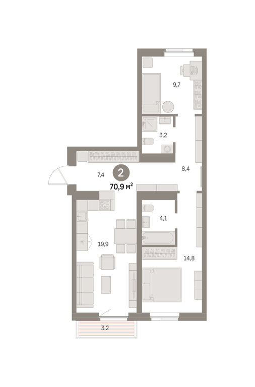 2-комнатная квартира: Екатеринбург, Благодатская улица, 15 (70.88 м²)