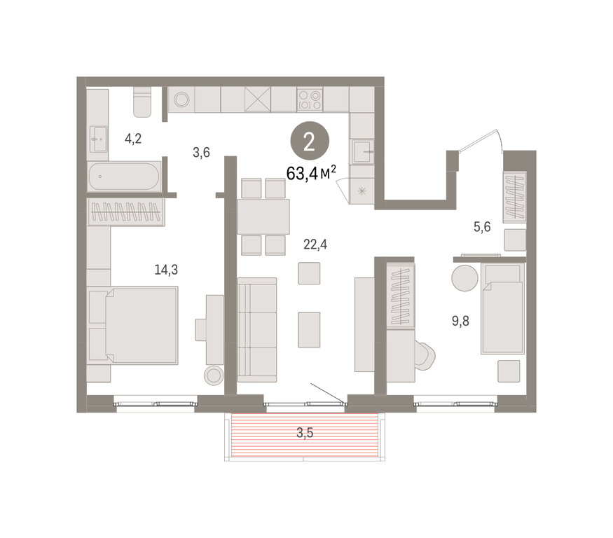 2-комнатная квартира: Екатеринбург, Торфяной переулок, 10 (63.4 м²)
