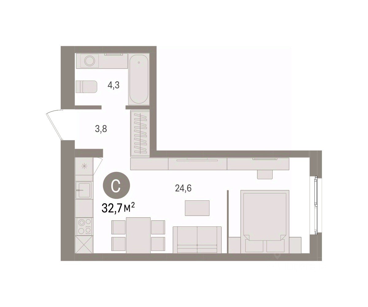 Студия Свердловская область, Екатеринбург пер. Торфяной, 10 (32.7 м²)