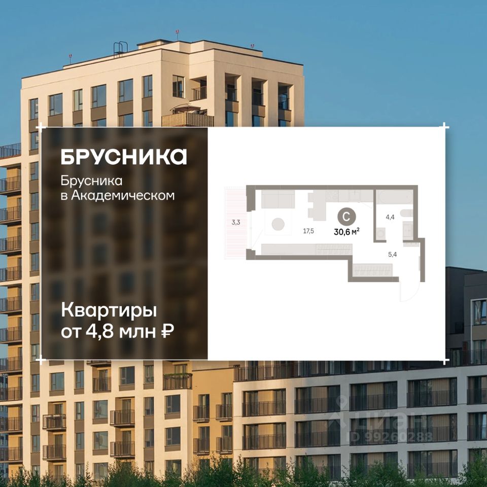 Студия Свердловская область, Екатеринбург Академический мкр, 19-й кв-л, Брусника в Академическом жилой комплекс (30.63 м²)