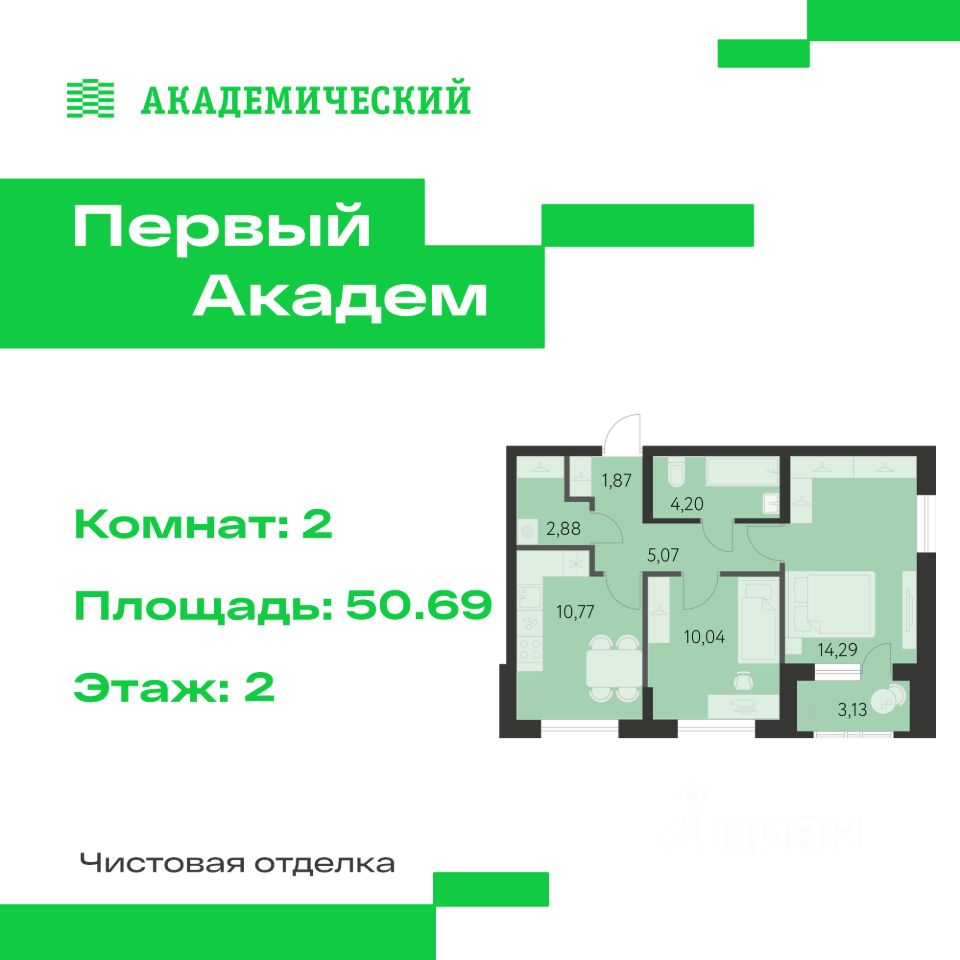 2-к кв. Свердловская область, Екатеринбург Академический мкр, 3-й кв-л,  (50.69 м²)