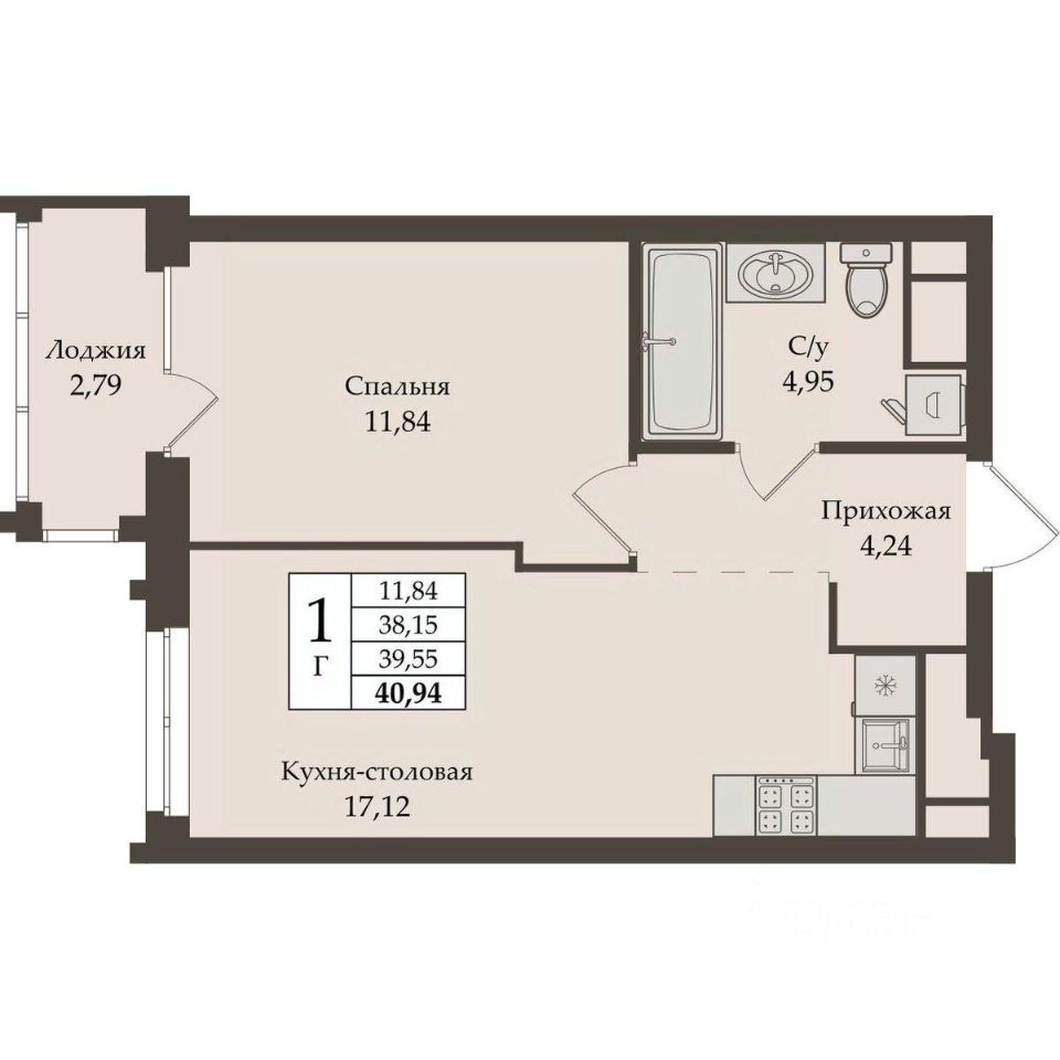 1-к кв. Свердловская область, Екатеринбург ул. Репина, 64 (39.55 м²)