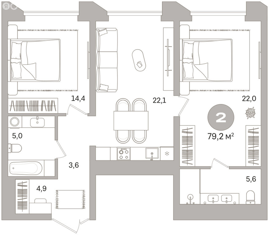 2-комнатная квартира: Екатеринбург, улица Гоголя, 21 (79.2 м²)