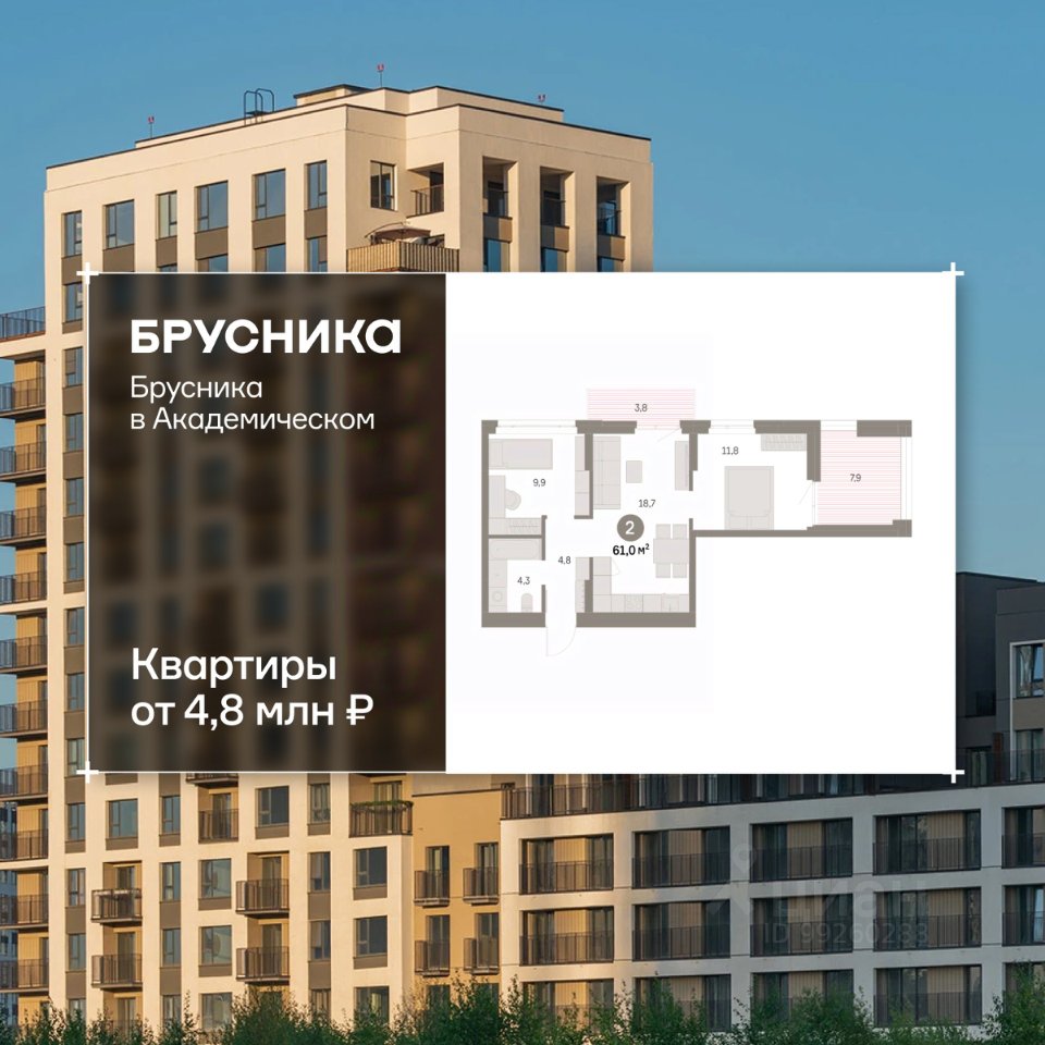 2-к кв. Свердловская область, Екатеринбург Академический мкр, 19-й кв-л, Брусника в Академическом жилой комплекс (60.73 м²)