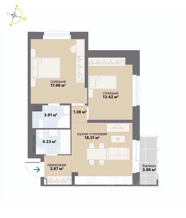 2-к кв. Свердловская область, Екатеринбург ул. Циолковского (66.52 м²)