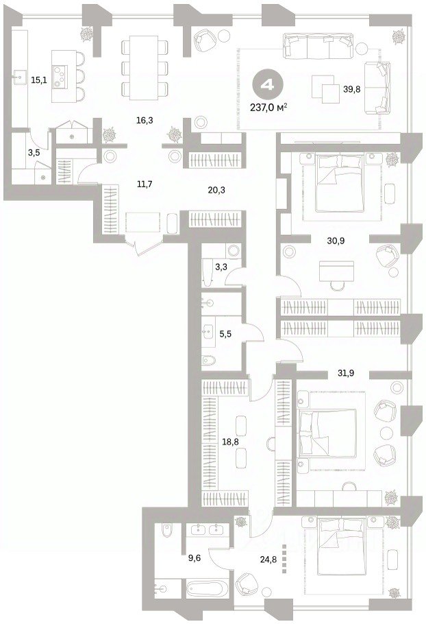4-к кв. Свердловская область, Екатеринбург ул. Гоголя, 21 (236.97 м²)