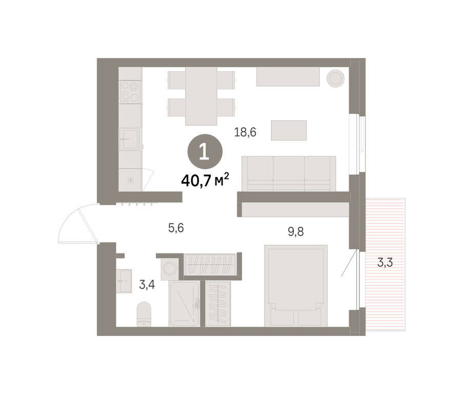 1-комнатная квартира: Екатеринбург, Благодатская улица, 15 (40.71 м²)
