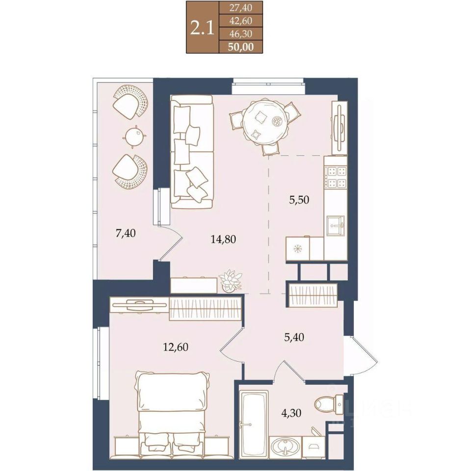 1-к кв. Свердловская область, Екатеринбург ул. Щербакова, 20 (46.3 м²)