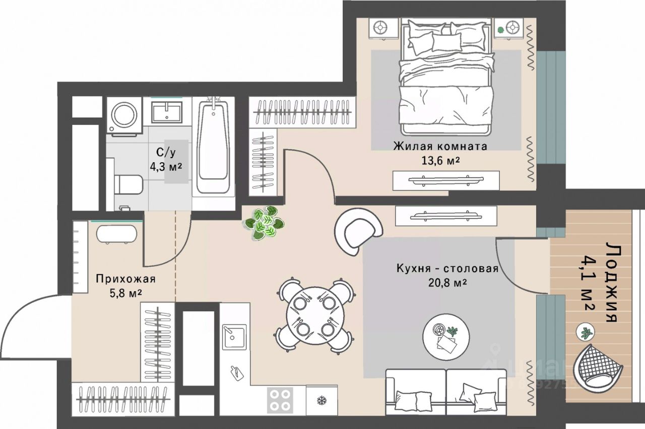 1-к кв. Свердловская область, Екатеринбург Эльмаш жилрайон, Изумрудный Бор жилой комплекс (46.6 м²)