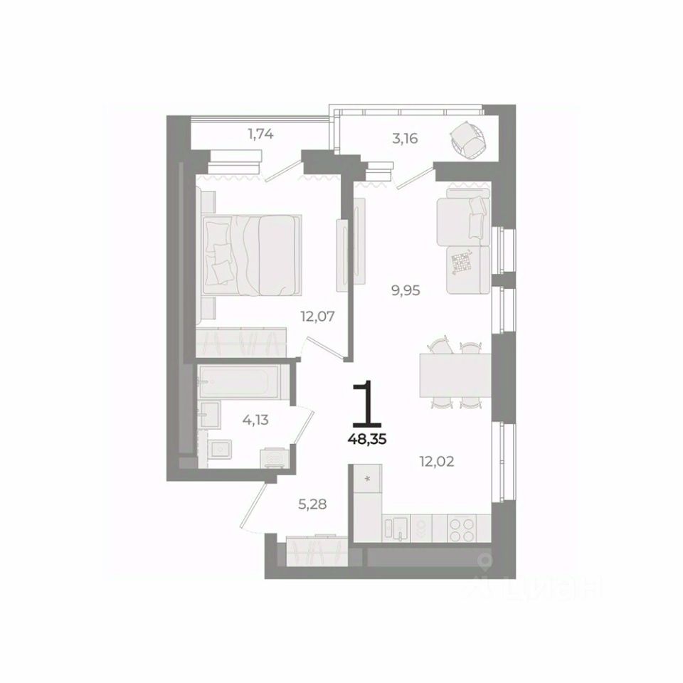 1-к кв. Свердловская область, Екатеринбург ул. Фурманова (48.8 м²)