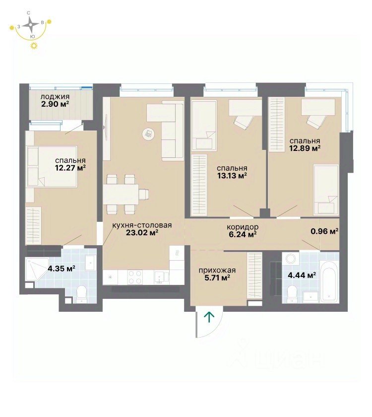 3-к кв. Свердловская область, Екатеринбург ул. Вилонова (85.91 м²)