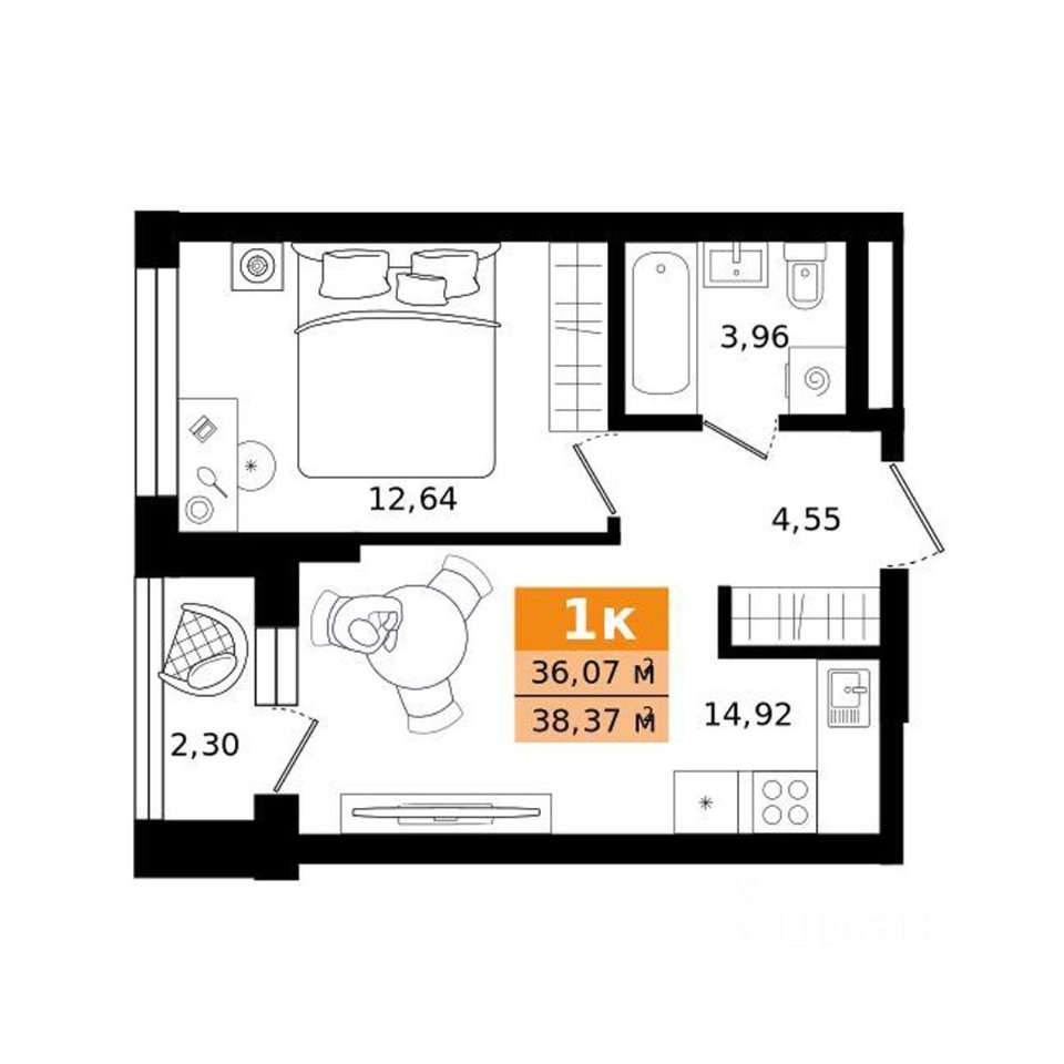 1-к кв. Свердловская область, Екатеринбург ул. Монтерская (38.37 м²)