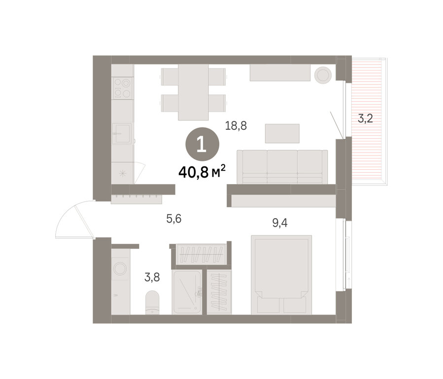 1-комнатная квартира: Екатеринбург, Благодатская улица, 15 (40.76 м²)