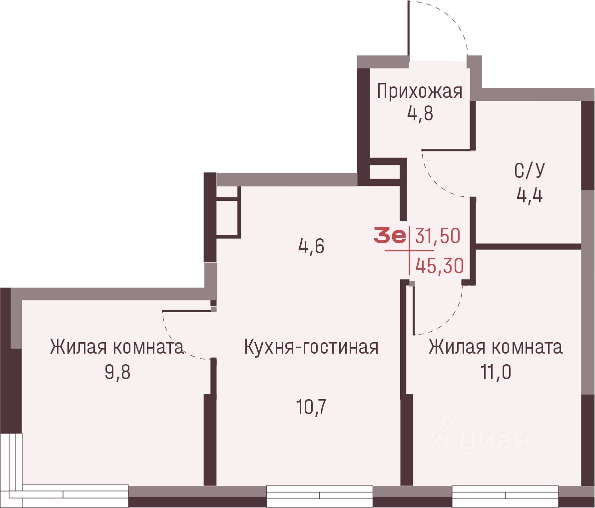 3-к кв. Свердловская область, Екатеринбург ул. Академика Ландау, 13 (45.3 м²)