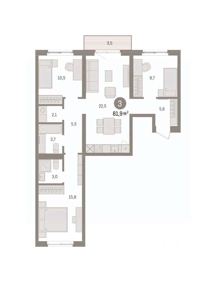 3-к кв. Свердловская область, Екатеринбург пер. Торфяной, 10 (81.9 м²)