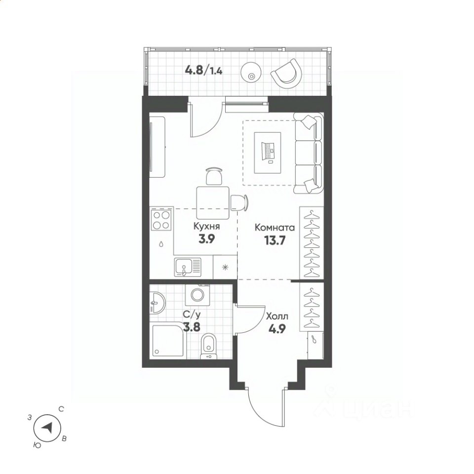 Студия Свердловская область, Екатеринбург Солнечный жилрайон,  (27.7 м²)