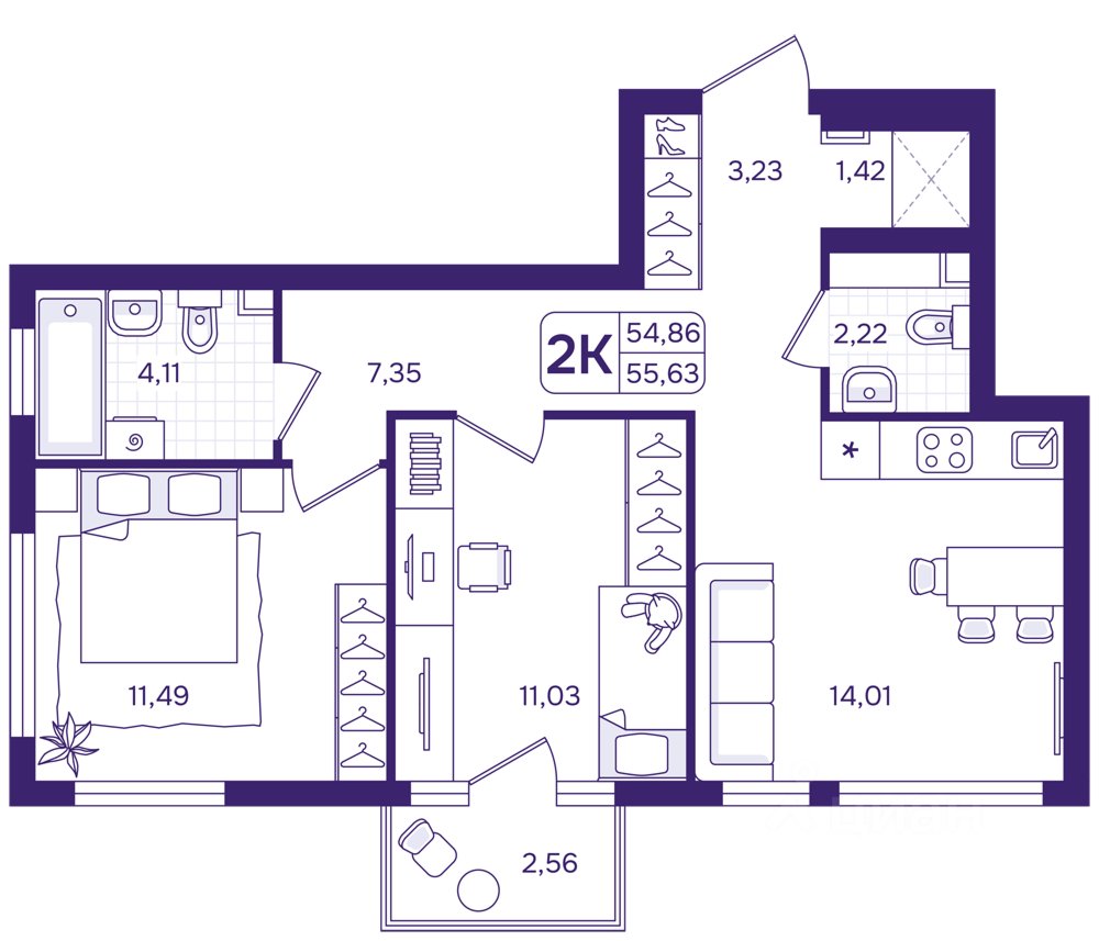 2-к кв. Свердловская область, Екатеринбург пер. Проходной, 1Б (55.63 м²)