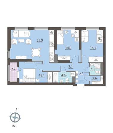 3-комнатная квартира: Екатеринбург, улица Азина, 16/1 (87.3 м²)
