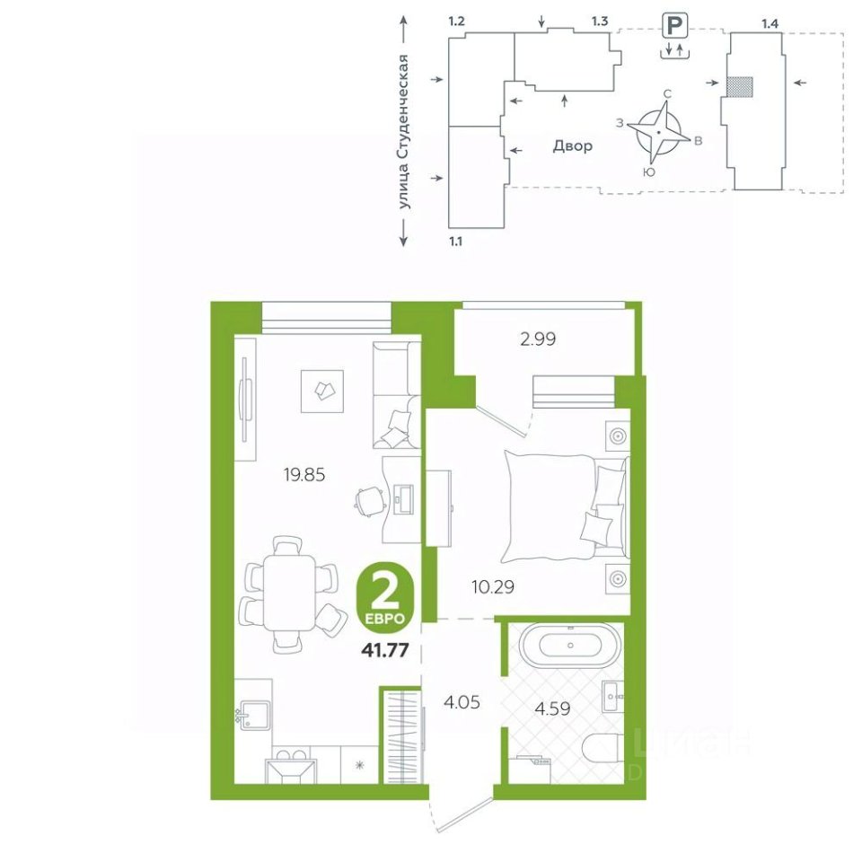 1-к кв. Свердловская область, Екатеринбург ул. Студенческая, 1А (41.77 м²)
