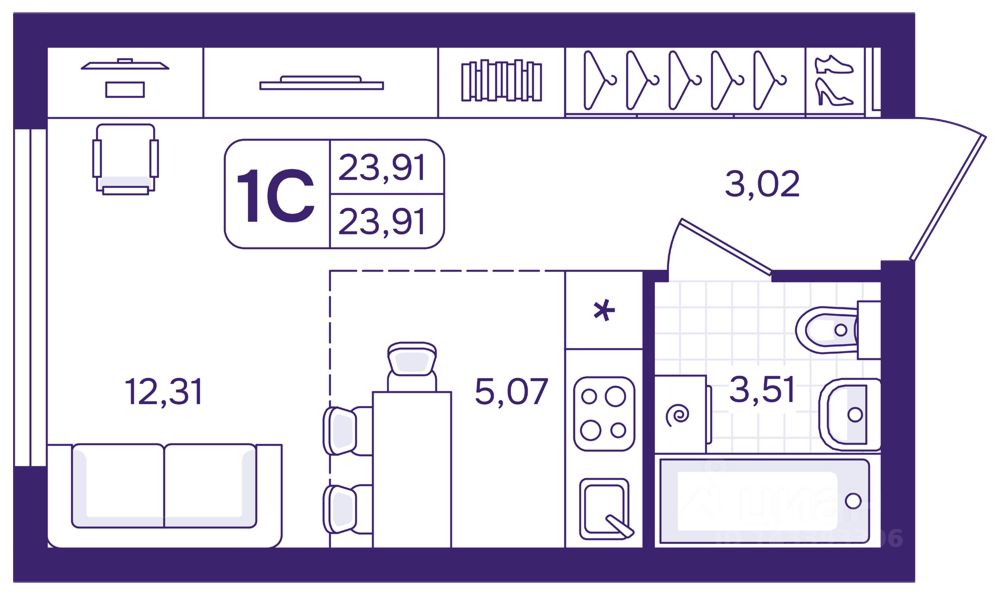 Студия Свердловская область, Екатеринбург пер. Проходной, 1Б (23.91 м²)