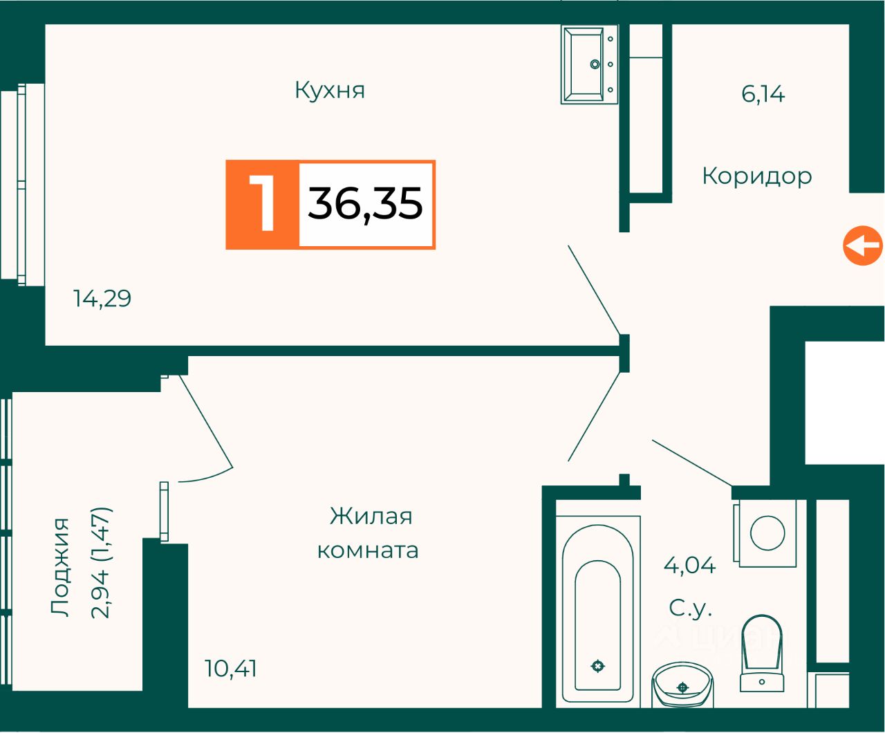 1-к кв. Свердловская область, Екатеринбург ВИЗ жилрайон,  (36.35 м²)