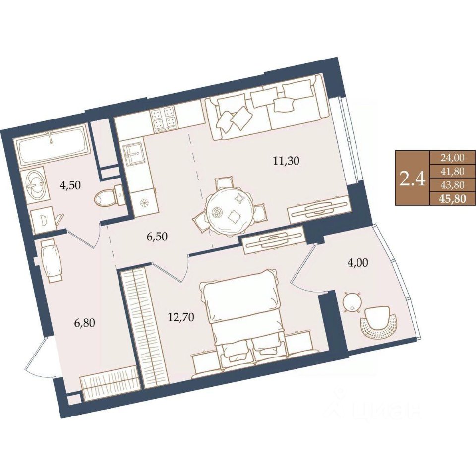 1-к кв. Свердловская область, Екатеринбург ул. Щербакова, 20 (43.8 м²)