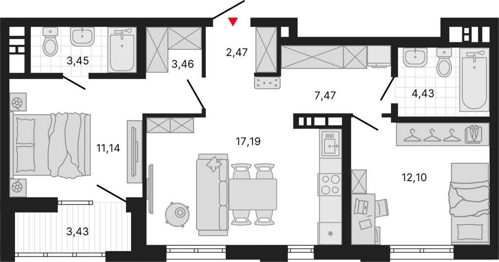 2-комнатная квартира: Екатеринбург, Депутатская улица (65.14 м²)