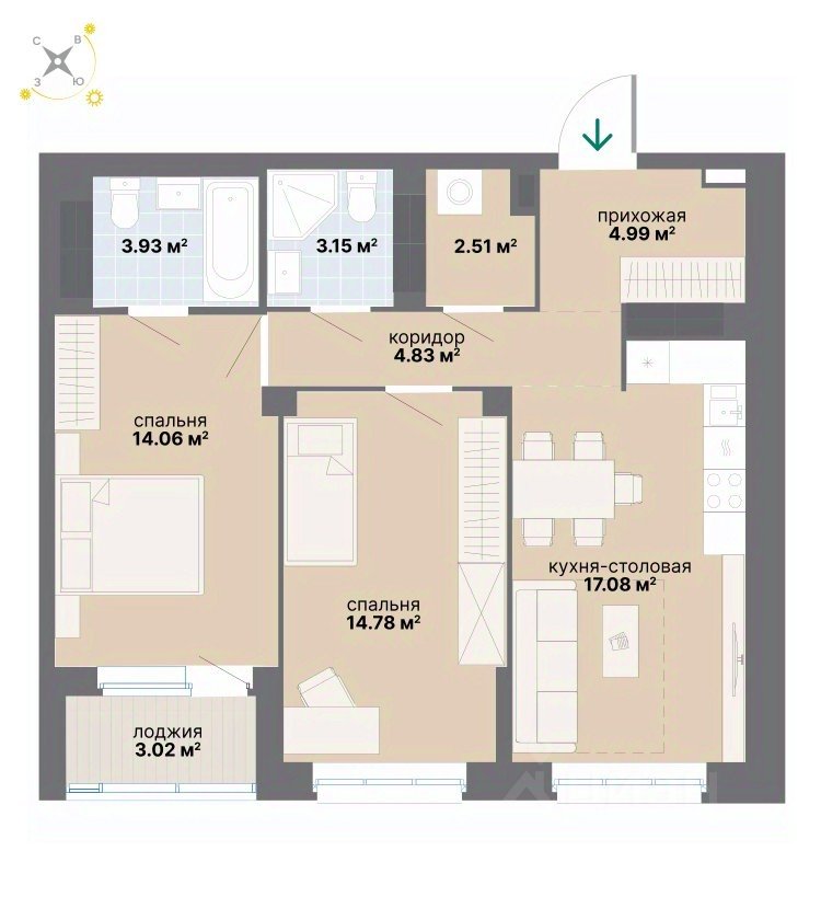 2-к кв. Свердловская область, Екатеринбург ул. Вилонова (68.35 м²)