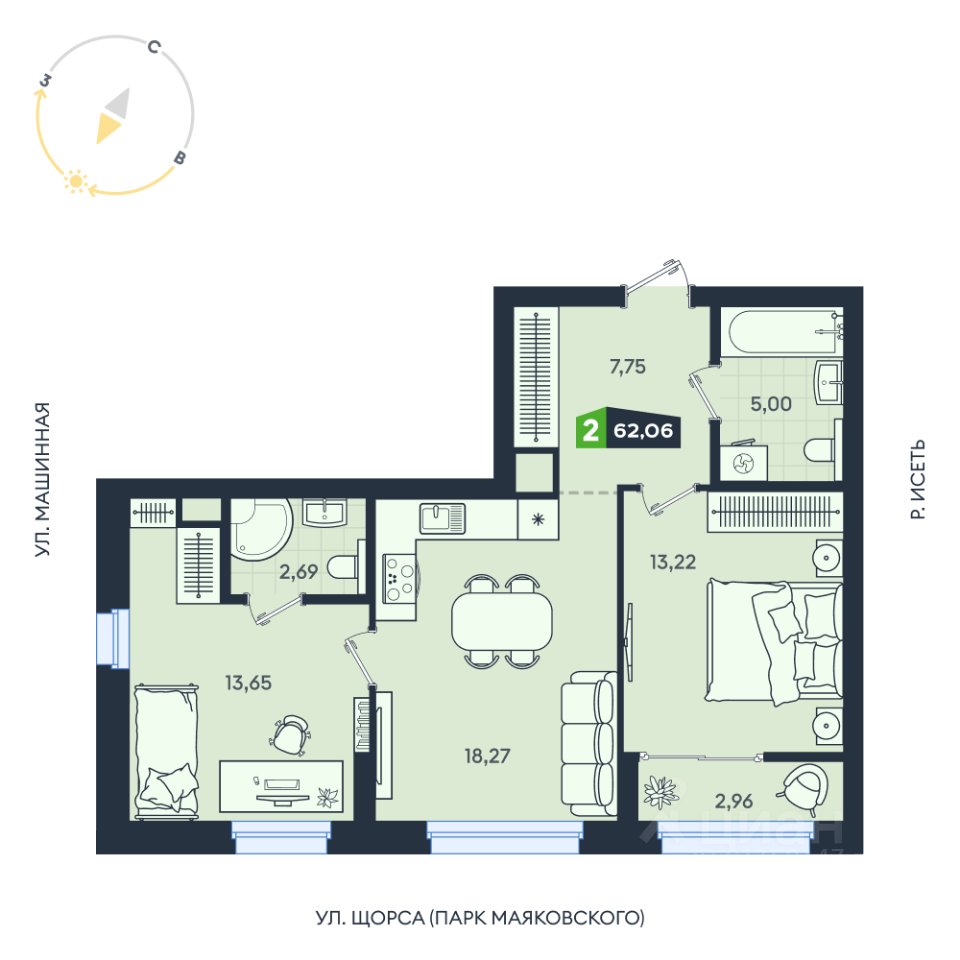 2-к кв. Свердловская область, Екатеринбург ул. Машинная, 1В/4 (62.06 м²)
