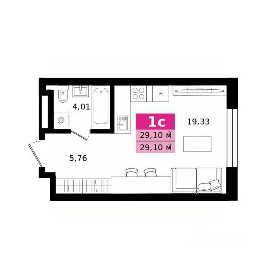 Студия Свердловская область, Екатеринбург ул. Монтерская (29.1 м²)