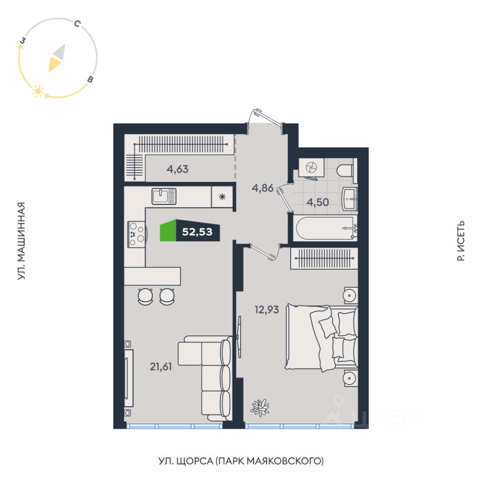 2-к кв. Свердловская область, Екатеринбург ул. Машинная, 1В/4 (52.53 м²)