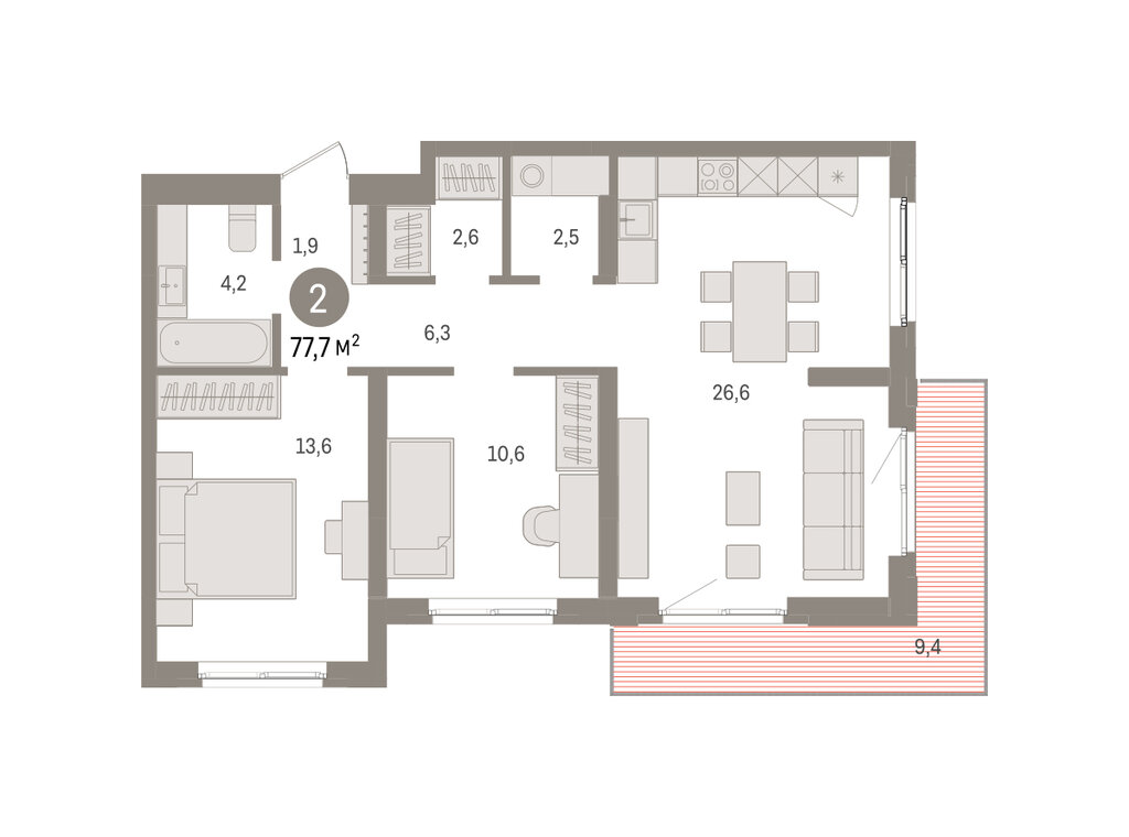 2-комнатная квартира: Екатеринбург, Торфяной переулок, 10 (77.7 м²)