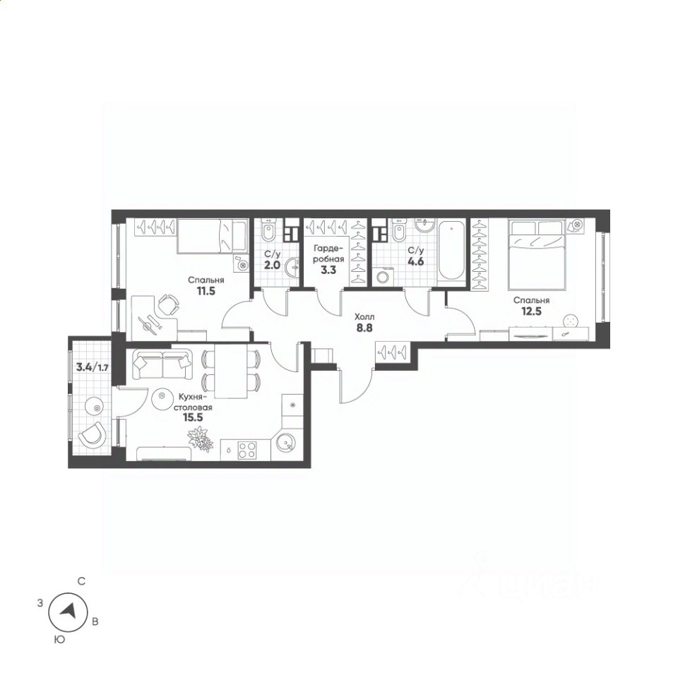 2-к кв. Свердловская область, Екатеринбург Солнечный жилрайон,  (59.9 м²)